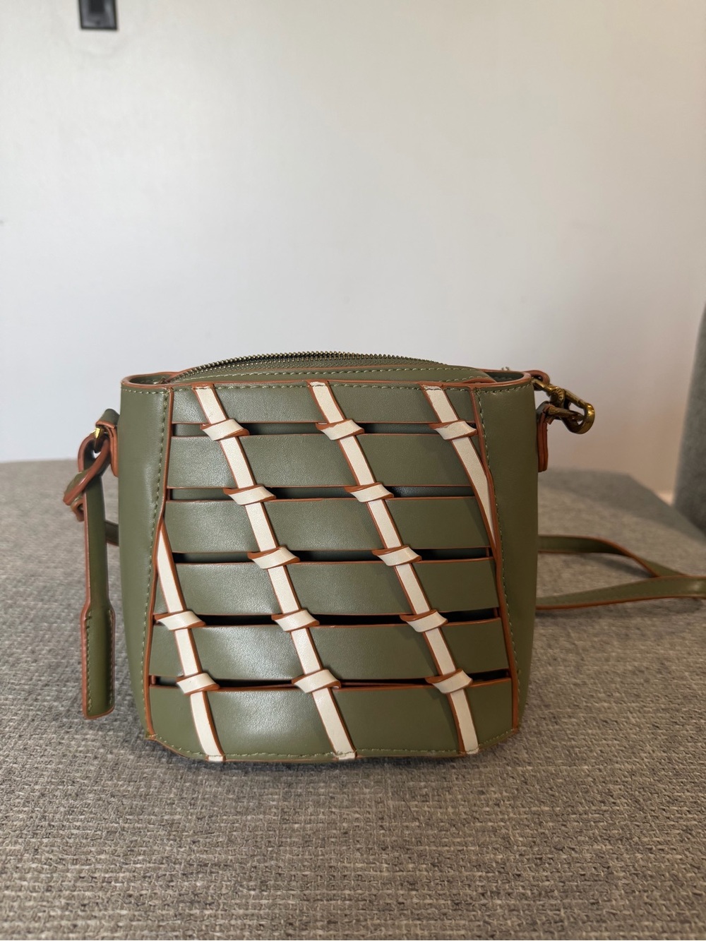 Charles & Keith Olive Green and Cream Woven Crossbody Bag